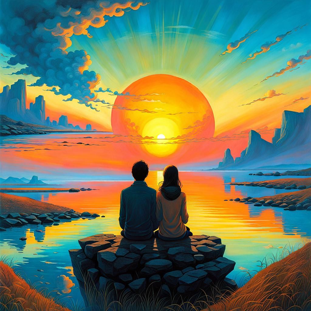 Couple Watching Sunset in Surreal Anime Style