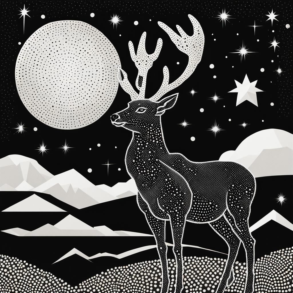 Monochromatic Pointillist Space Deer in Geometric Landscape