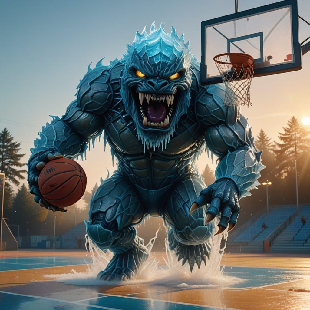 Ice Monster Dunks Basketball: Vibrant Digital Concept Art