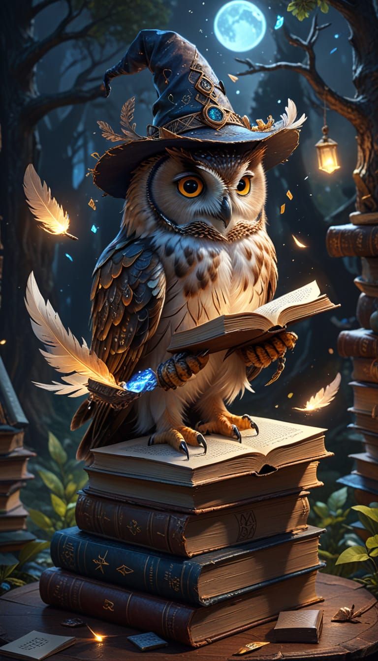 Whimsical Owl Wizard on Book Island with Glowing Runes