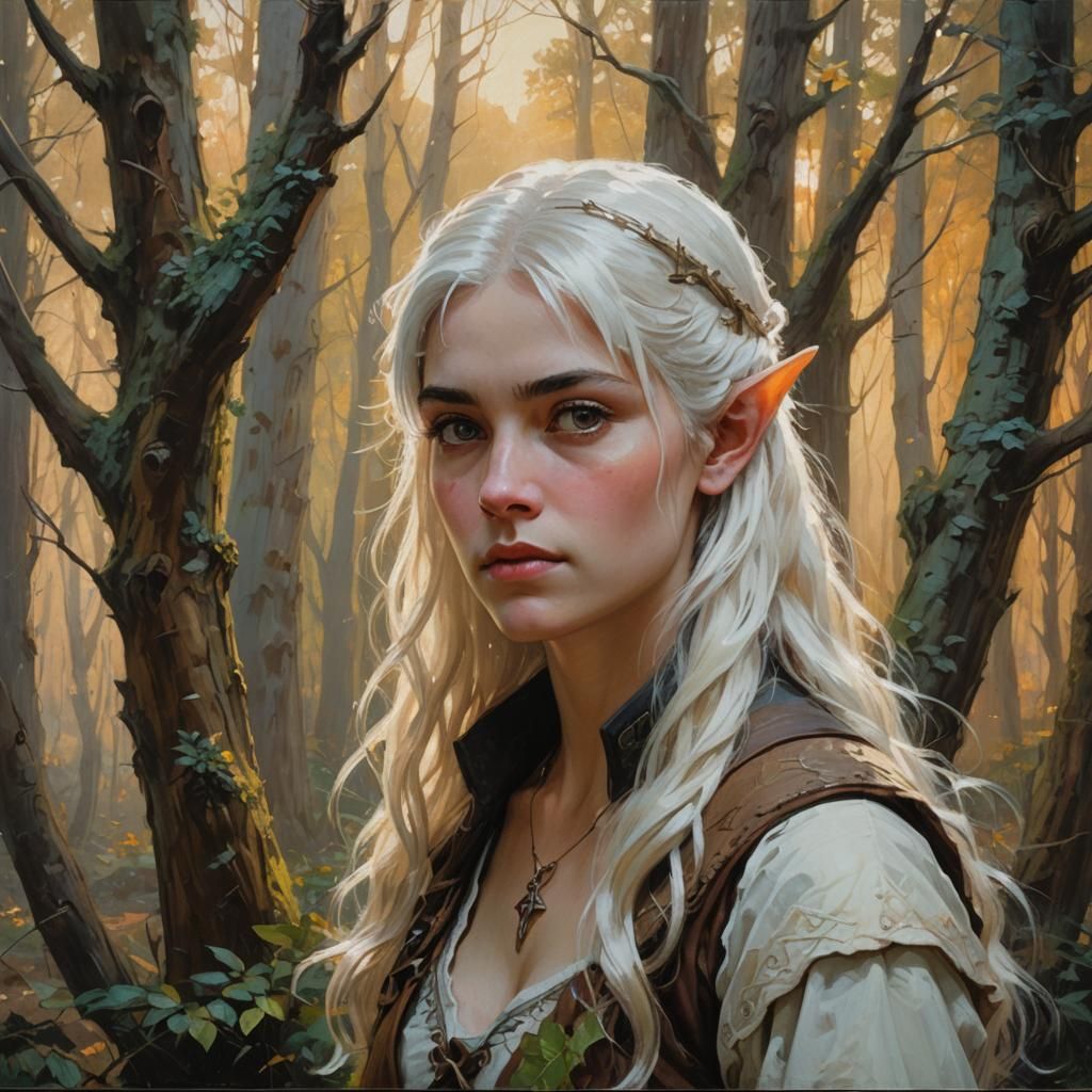 Mystical Elf Woman in Forest, Oil Painting