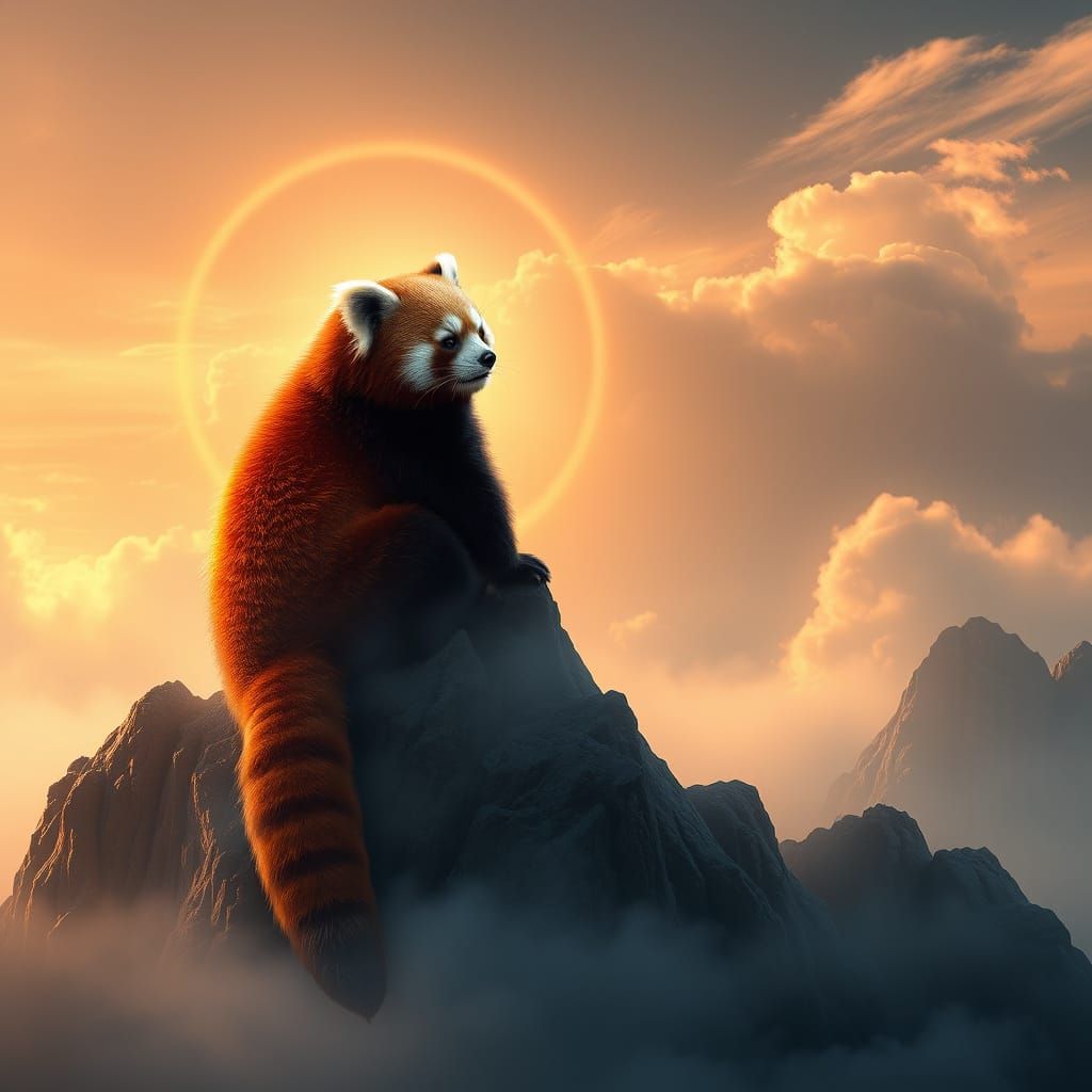 Majestic Red Panda in Ethereal Mountain Glow