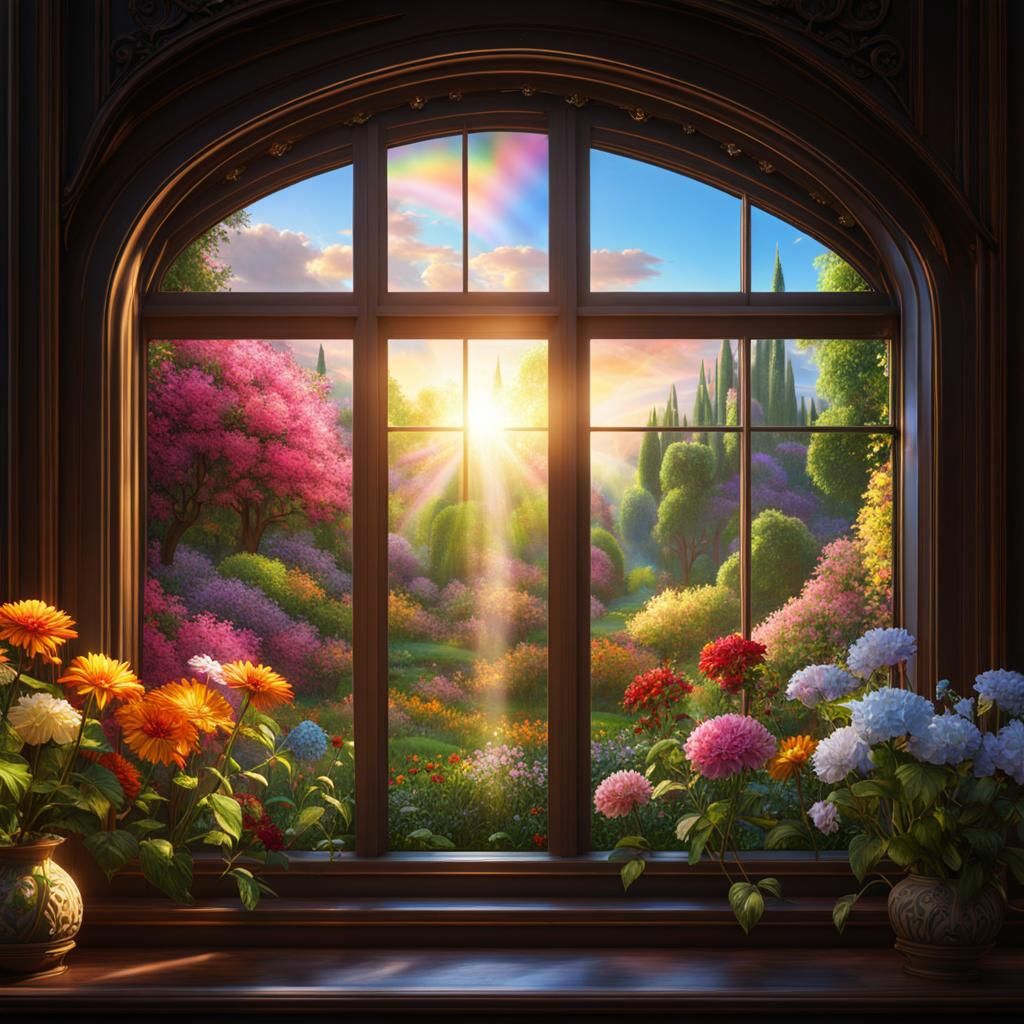 Rainbow Suncatcher Illuminates Flowery Garden, Fantasy Art