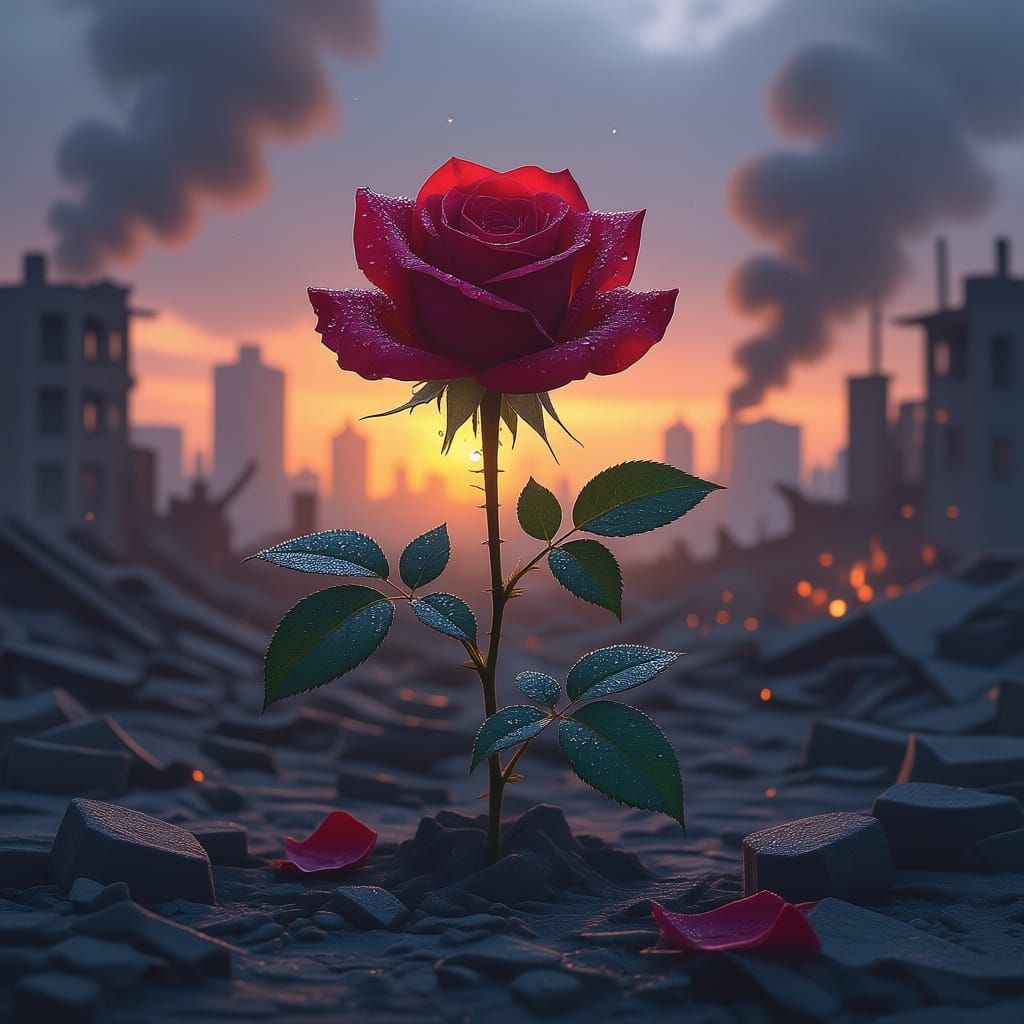 Dying Rose Amidst War and Destruction