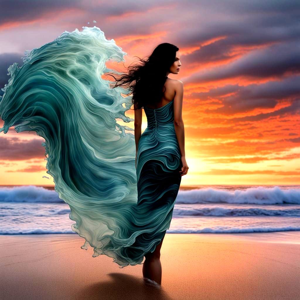 Sunset Seafoam Waves Create a Lady in Wave Dress