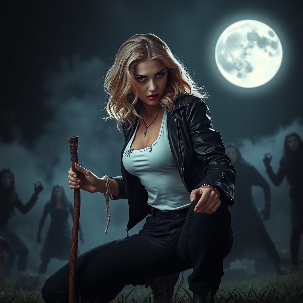 Gothic Vampire Hunter Under Full Moon