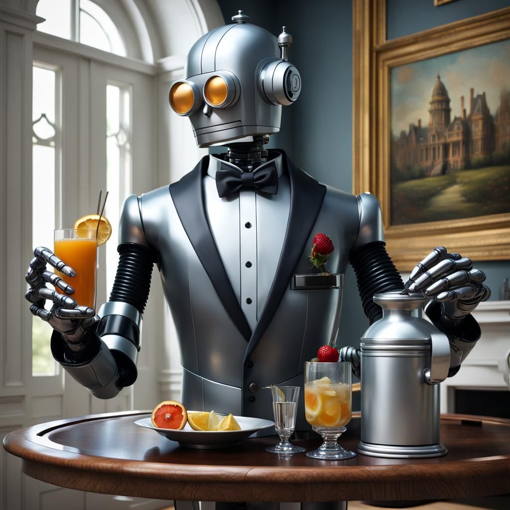 Robot Butler in Mansion: Hyperrealistic Advanced Art