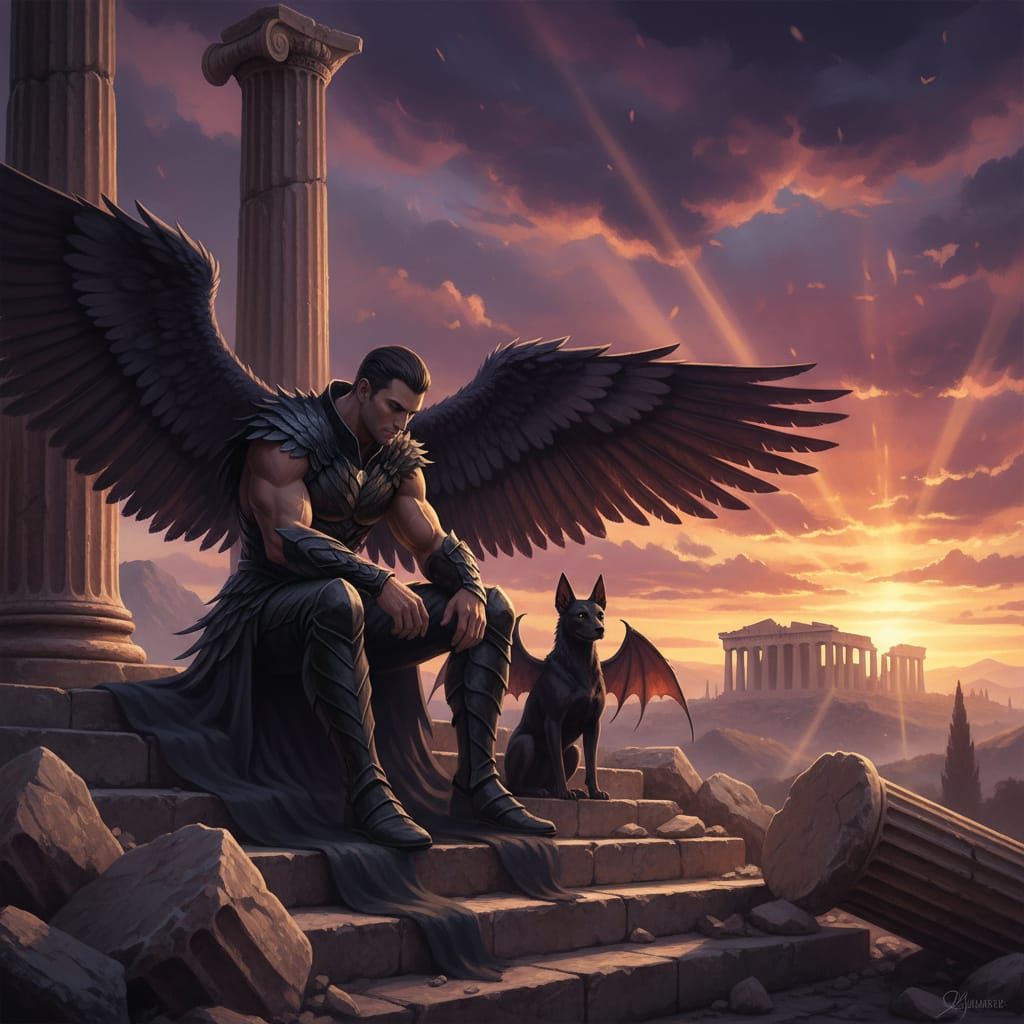 Dark Fantasy Figure with Feathered Wings and Dog at Sunset