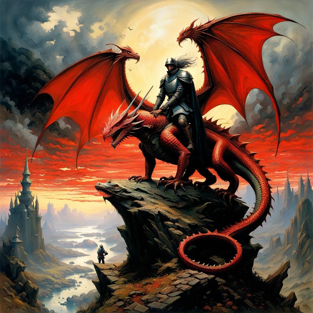 Surreal Knight on Red Dragon, Fantasy Art