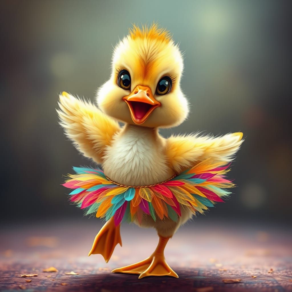 Dancing Duckling with Cartoon Eyes in Hyperrealism