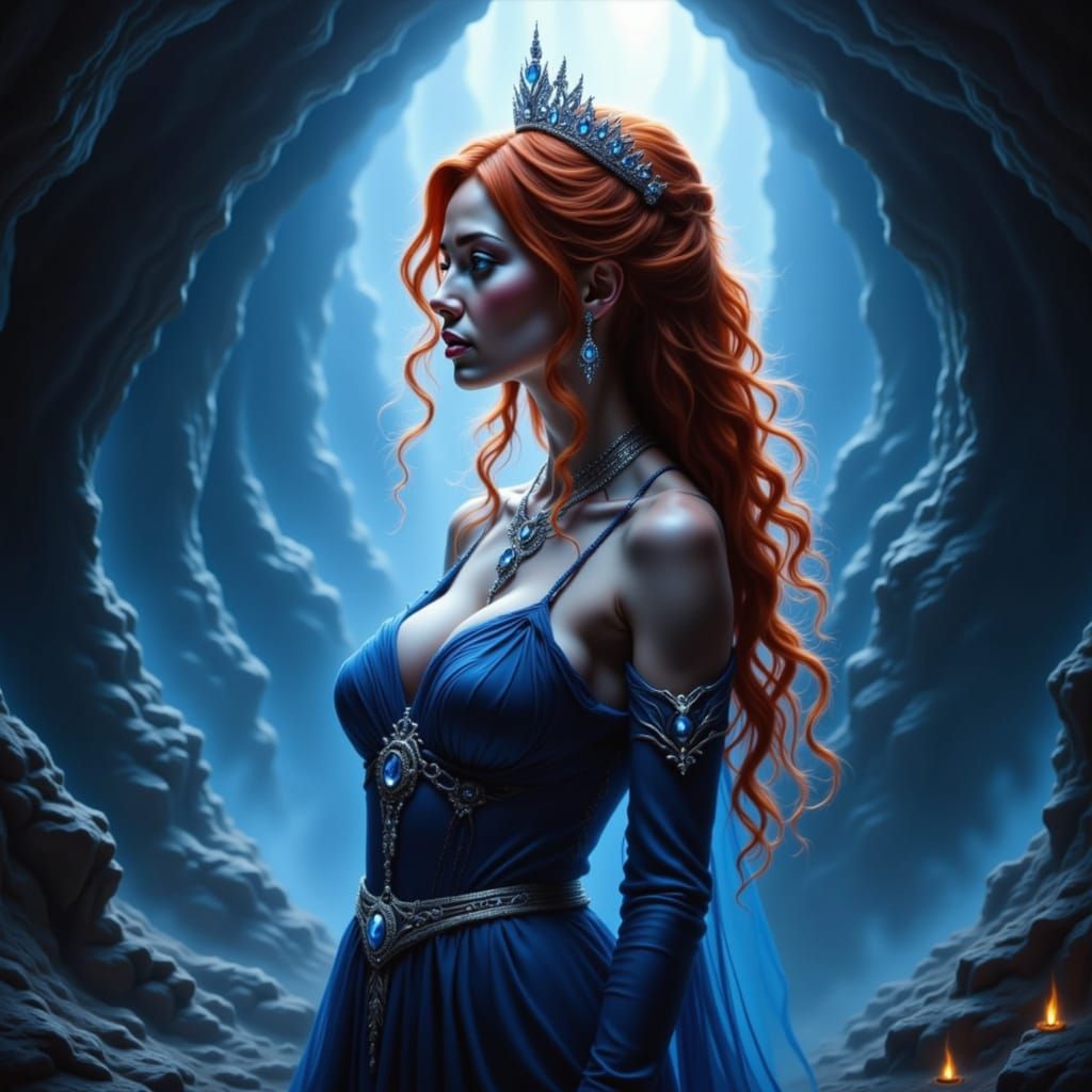 Redhaired Princess in Blue Gown Inside Majestic Cave