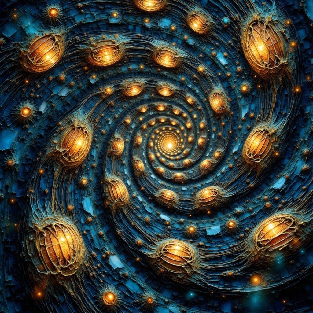 Infinite Fractal Spirals in Blue, Gold, and Orange