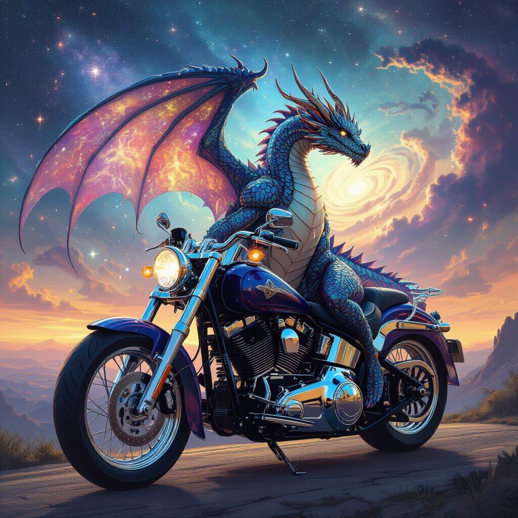 Dragon on Motorcycle Overlooking Galaxy