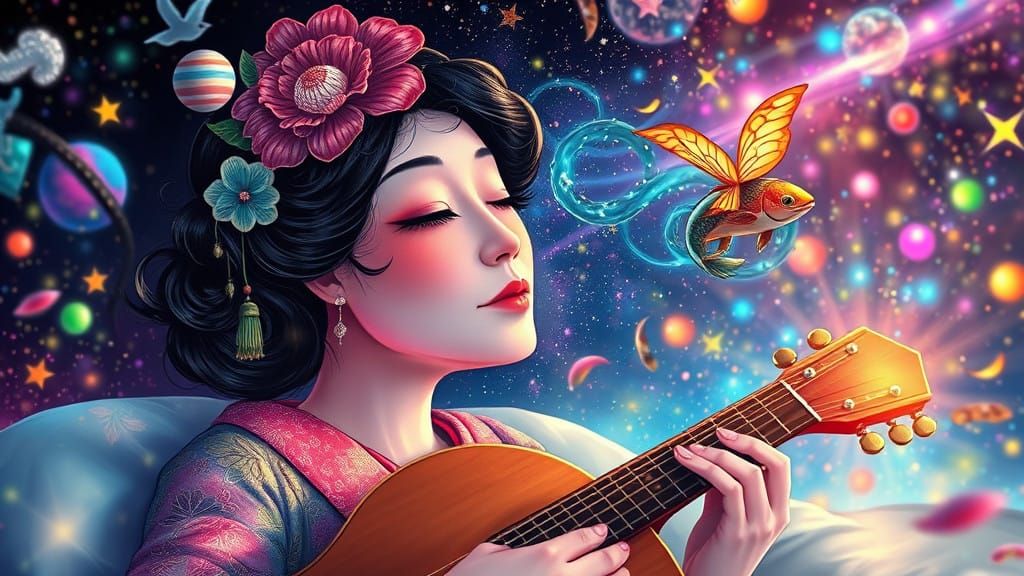 Dreamy Whimsical Illustration of Japanese Geisha in Ethereal...