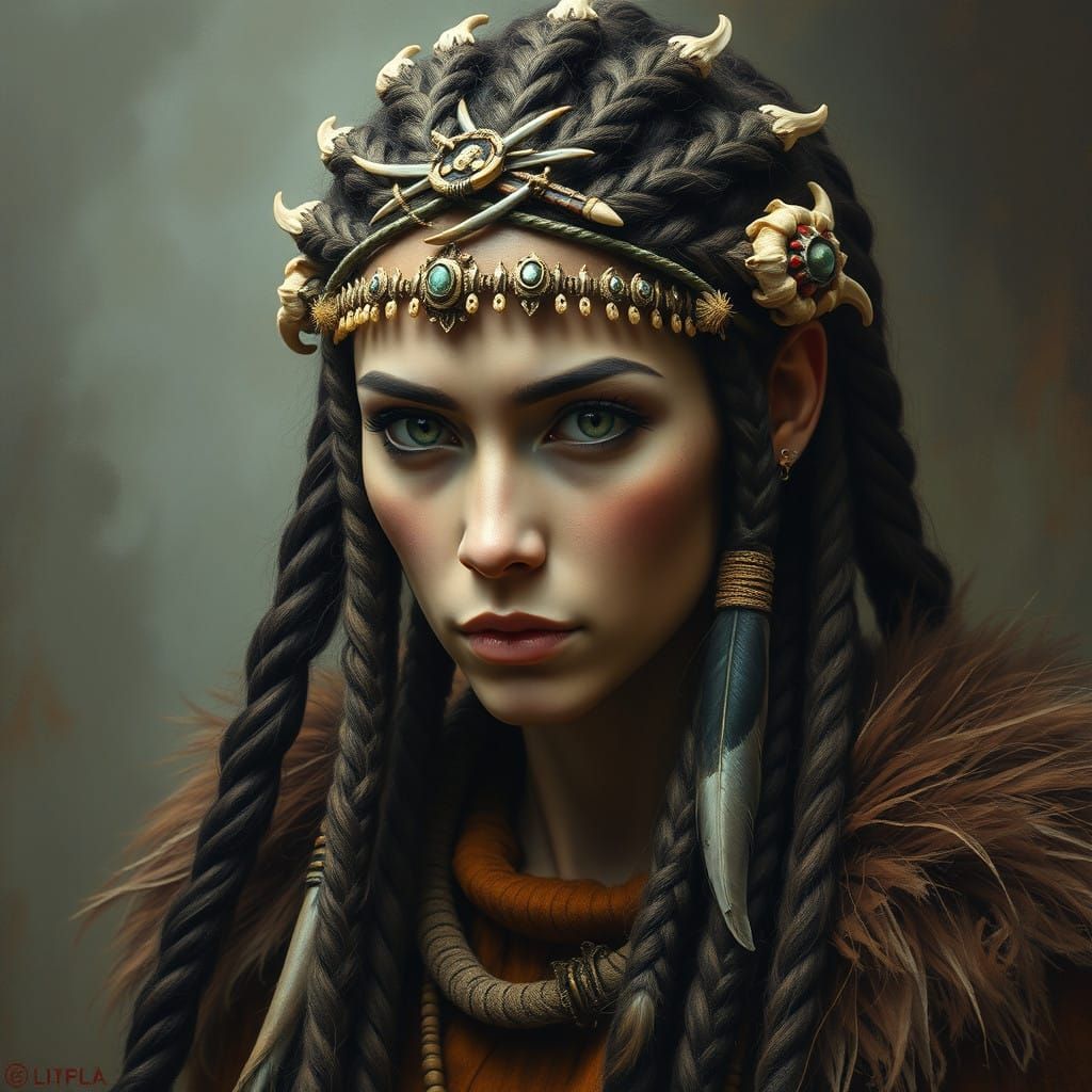 Beautiful woman dressed in 17000 B.C. fashion and wearing hairstyle 170000 B.C., Eldritch