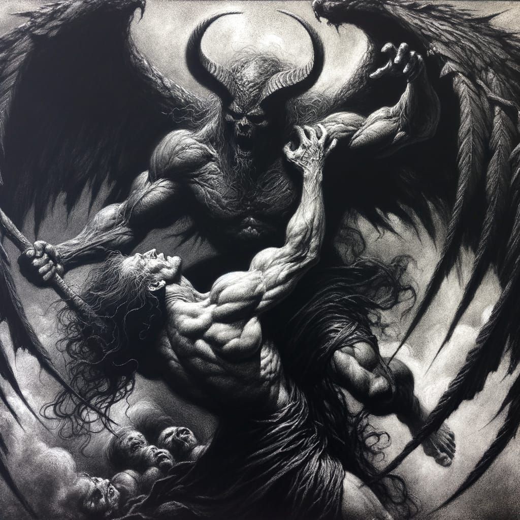Epic Battle: Dark Angel Wrestles God in Charcoal