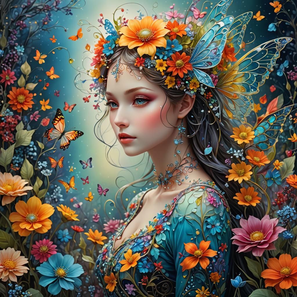 Enchanting Fairy in Surreal Seasonal Flower Dreamscape