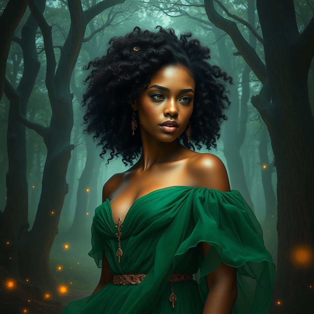 Stunning Fantasy Woman in Emerald Gown Amid Ancient Forest
