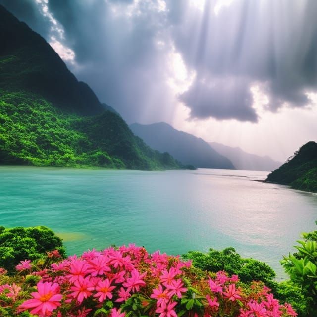 Tropical Island Monsoon Rain with Sunshine Beams