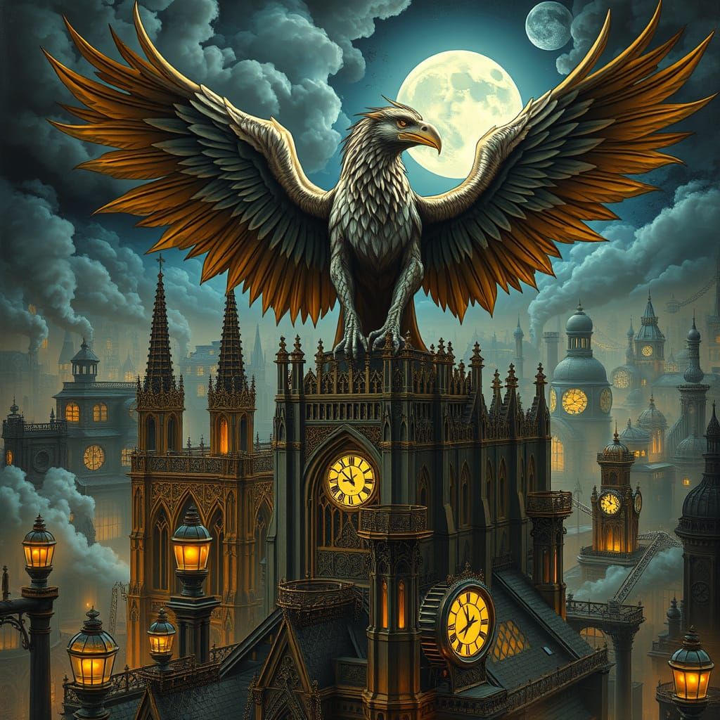 Griffin on Gothic Cathedral in Steampunk Surrealism