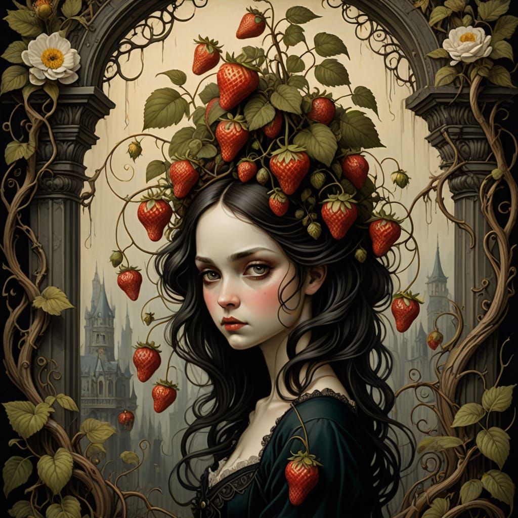 Gothic Strawberry Blooms in Decay, Dark Victorian-Inspired I...