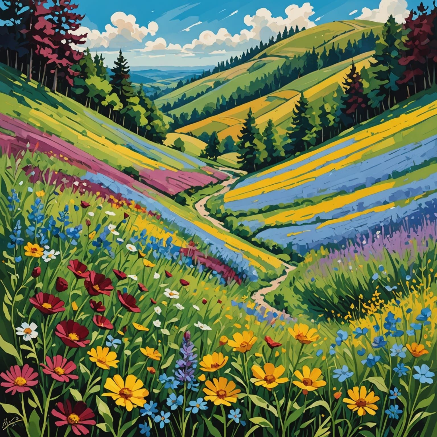 Vibrant Wildflowers in a Fantastical Countryside Scene