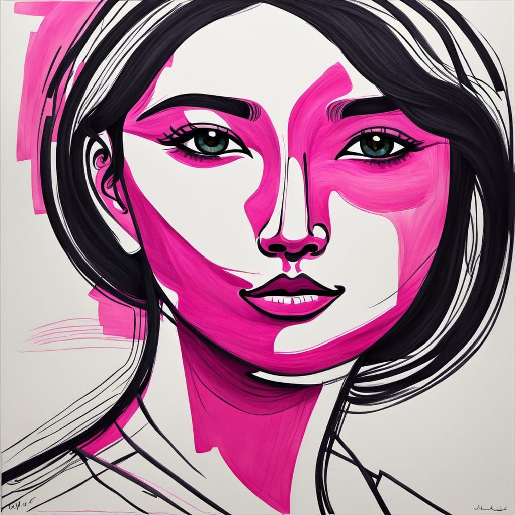 Abstract Asian Woman in Bold Pink Crayon Strokes