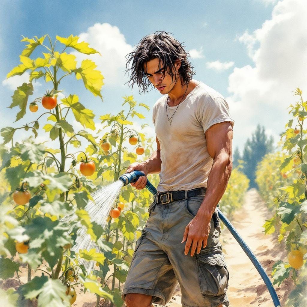 Watercolor of Young Man Watering Garden in Summer Heat