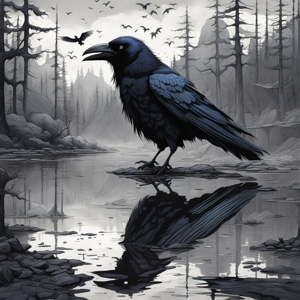 Detailed Ink Drawing of a Crow Reflection