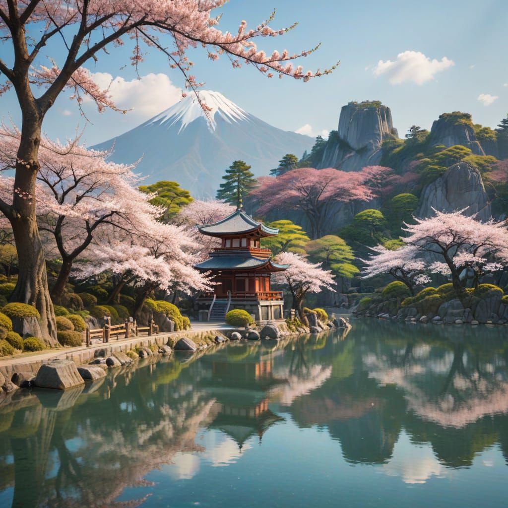 Miniature Japanese Landscape with Cherry Blossoms