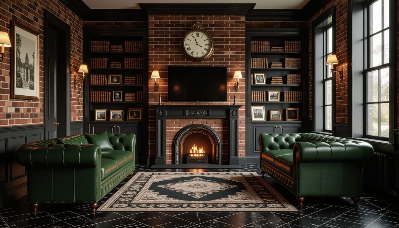 Victorian Living Room with Fireplace and Leather Sofa