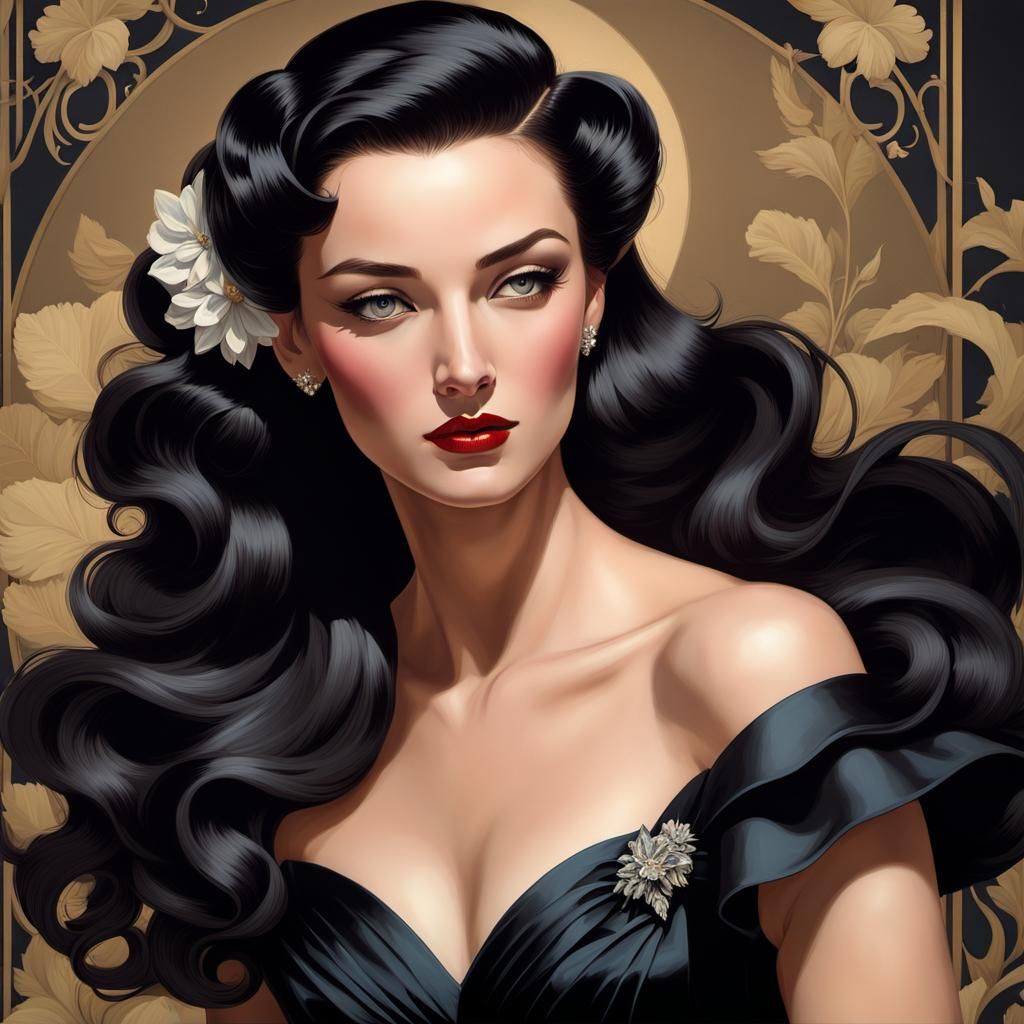 Elegant 1940s Woman in Ruffled Black Gown