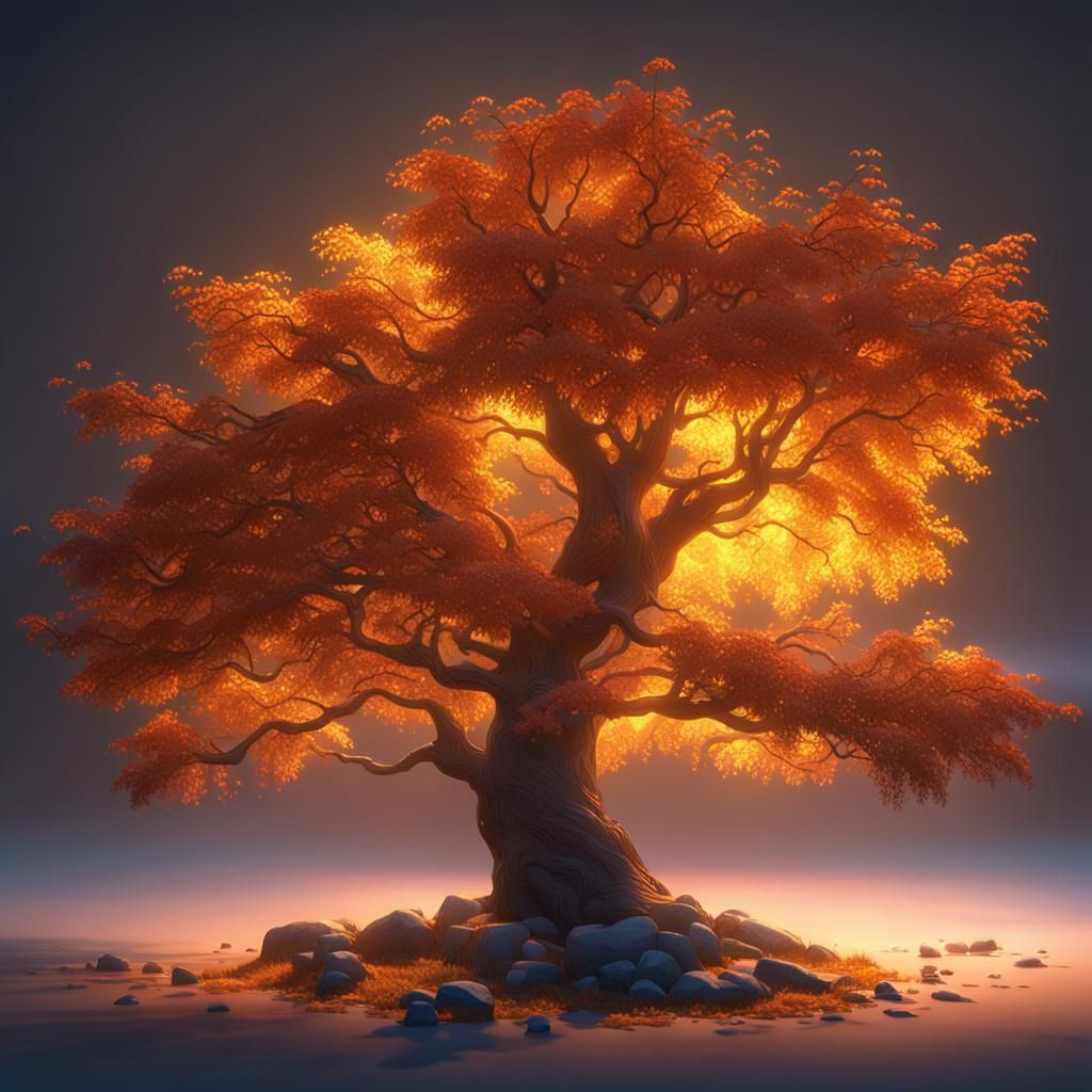Magical Amber-Lit Alder Tree in Hyperrealistic 3D