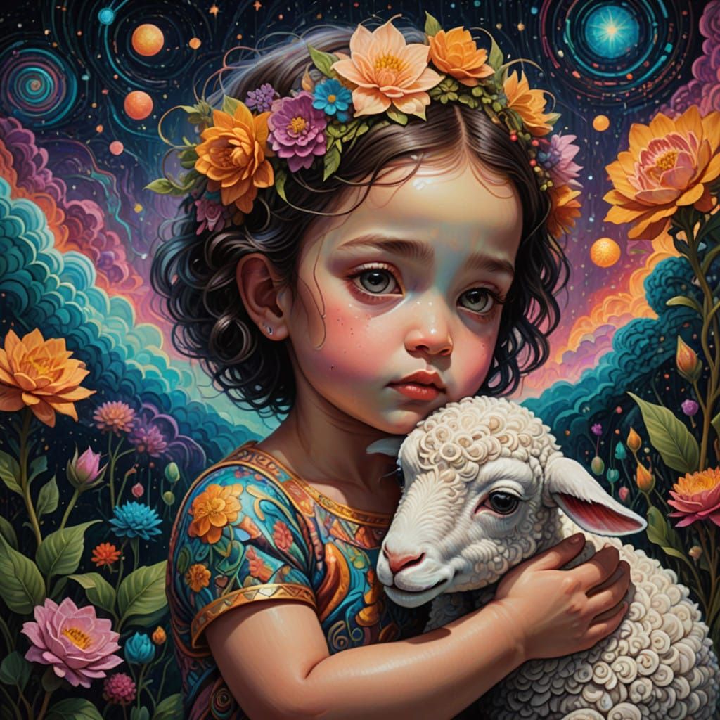 Whimsical Toddler Embracing Lamb in Vibrant, Cosmic Dream Wo...