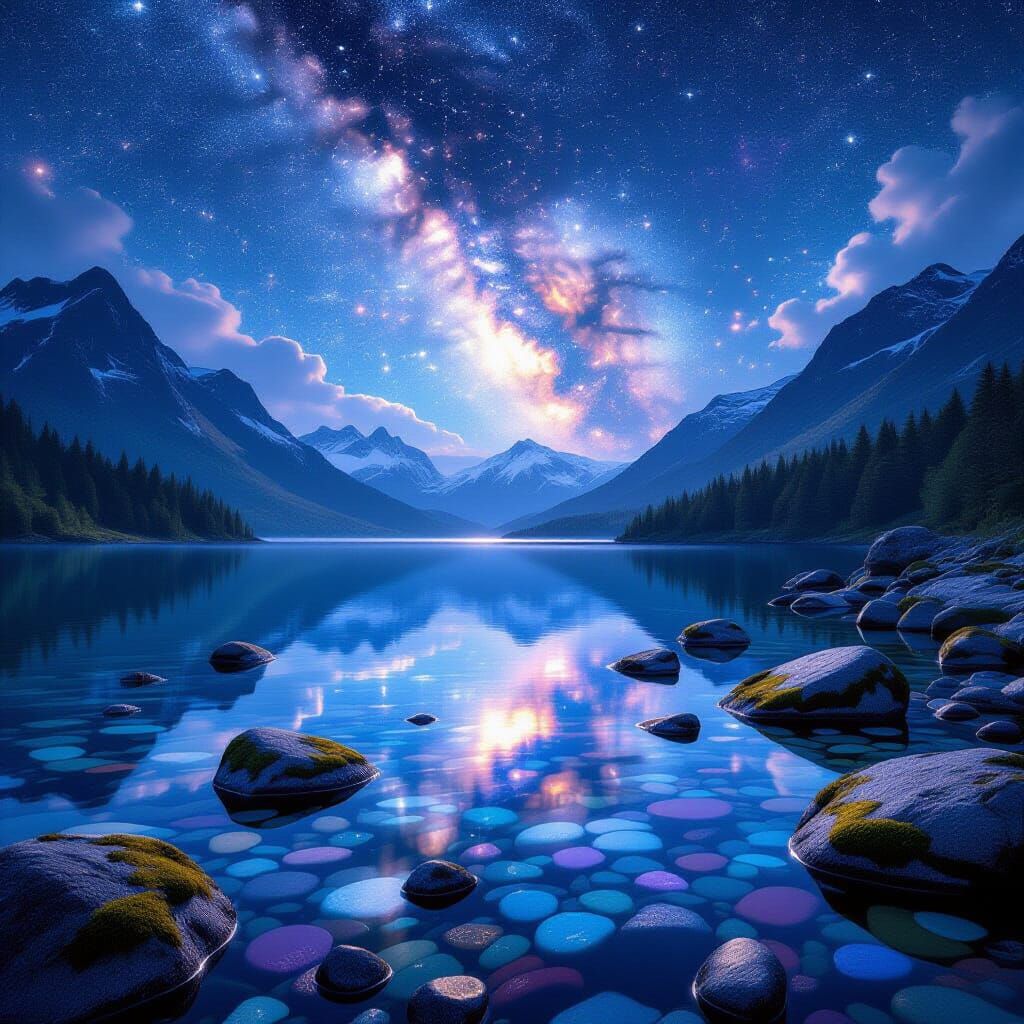 Mountain Lake Reflecting Nebula Under Starlit Sky