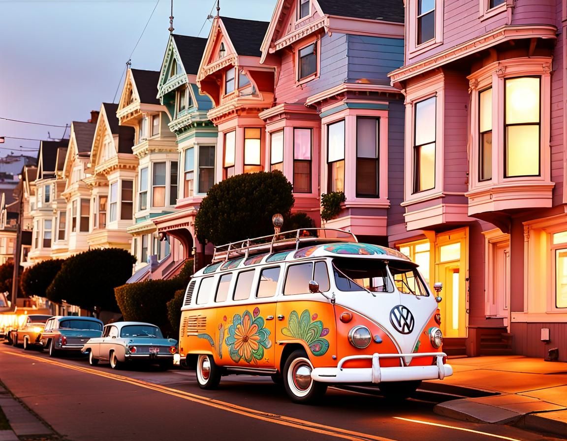 Psychedelic VW Bus in San Francisco, 1960s Style
