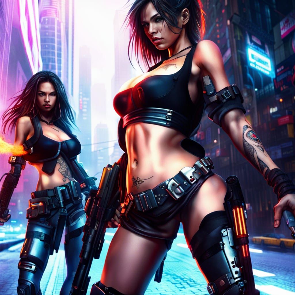Cyberpunk Women with Guns in a Neon City