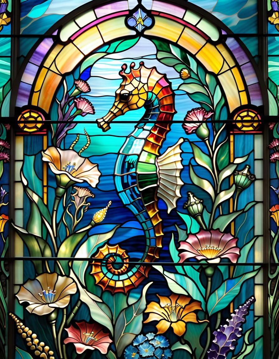 Stained Glass Seahorses in a Colorful Wonderland