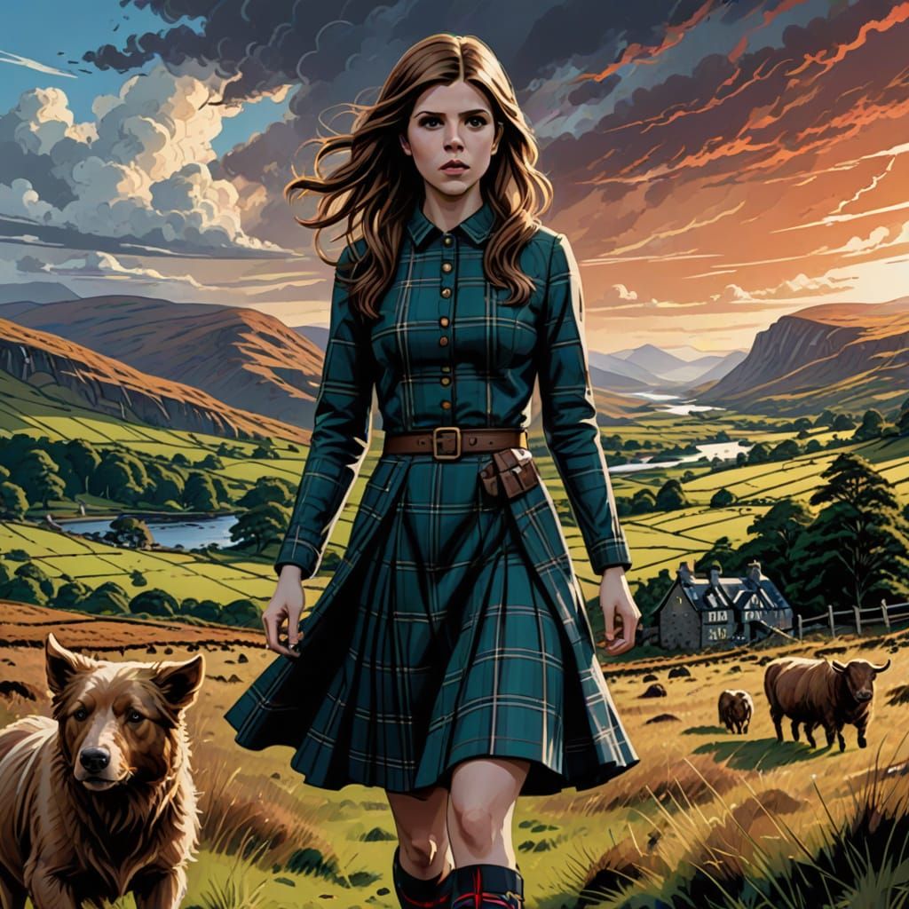 Anna Kendrick in Tartan Dress in Scottish Highlands