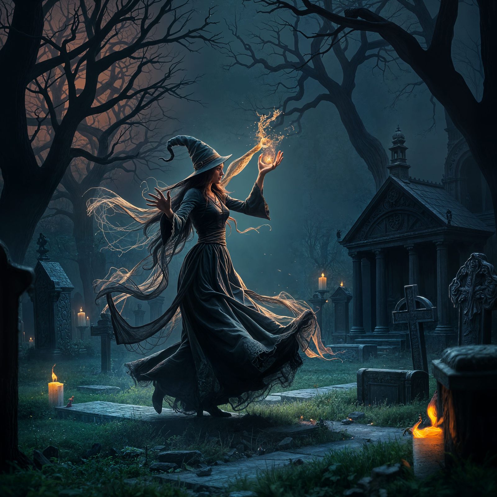 Witch Enchants with Luminous Companion in Haunted Cemetery