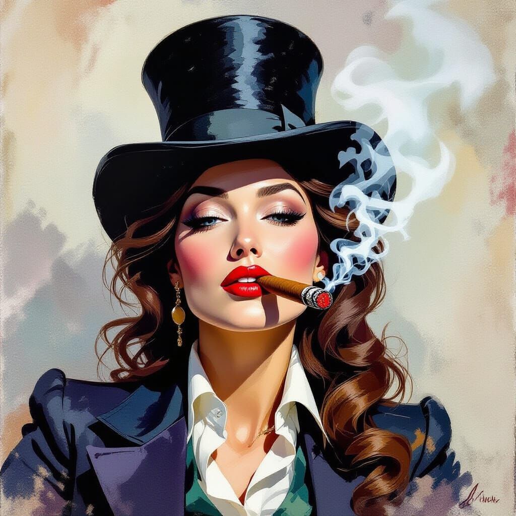 Woman in Top Hat Smoking Cigar: Gouache Impressionist Style