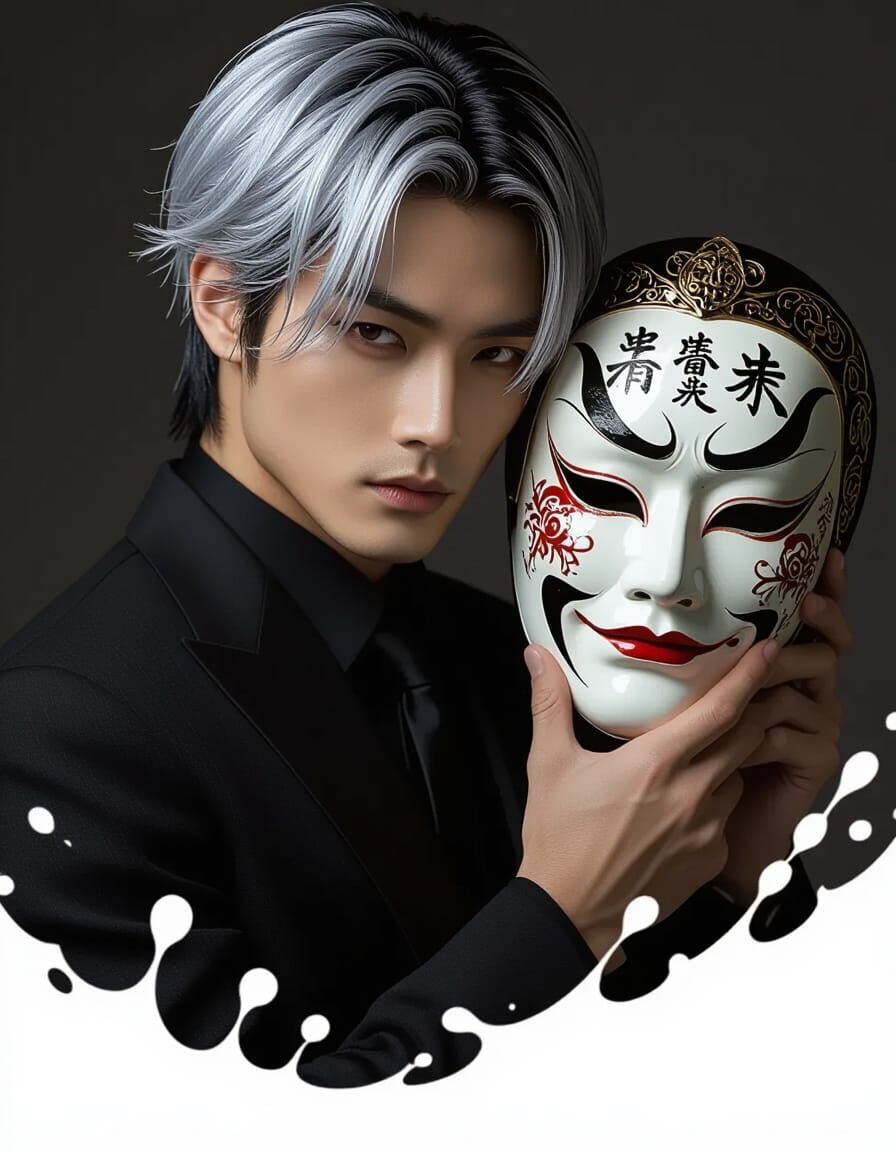 Kabuki Masked Man in Dramatic Black Suit