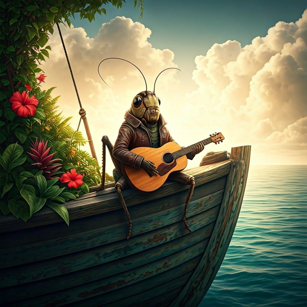 Cricket Guitarist on Boat: Fantasy Concept Art