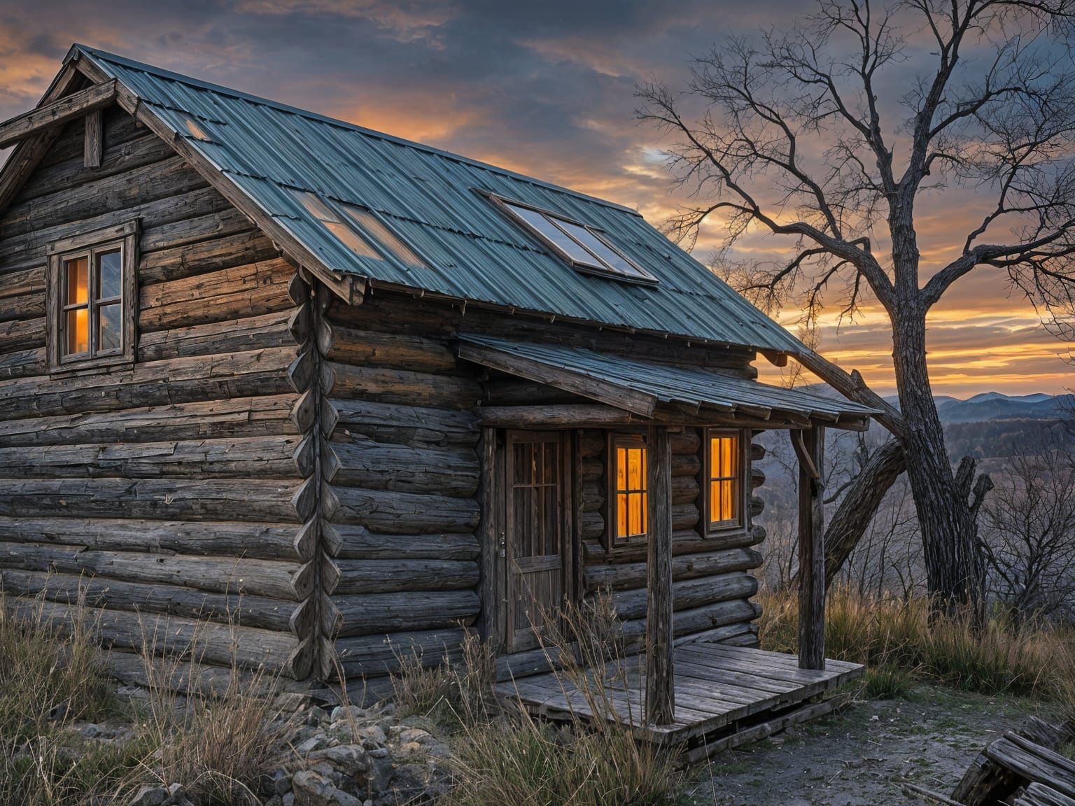 Weathered Log Cabin at Twilight in Earthy, Distressed Style