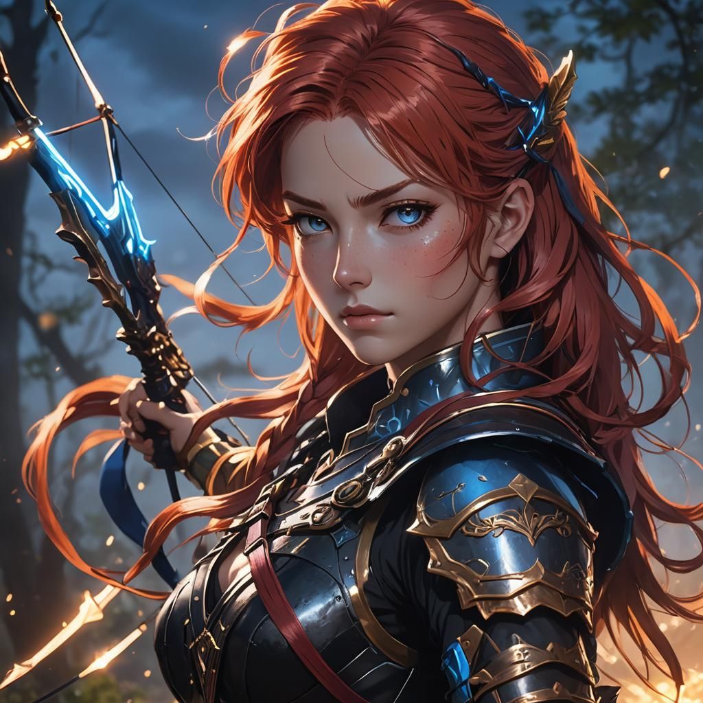 Dramatic Anime Portrait of Red-Haired Archer