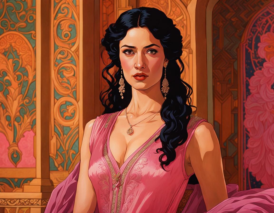 Woman in Pink Silk Dress, Classical Art Style