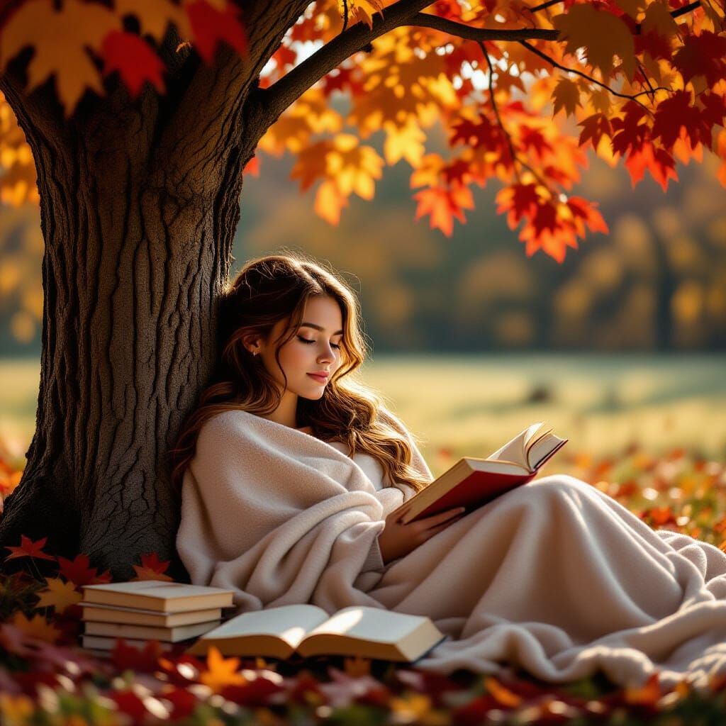 Girl Sleeping Under Autumn Tree in Cinematic Style