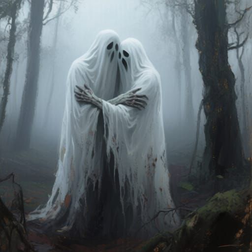 Two White Ghosts Embrace in Foggy Forest