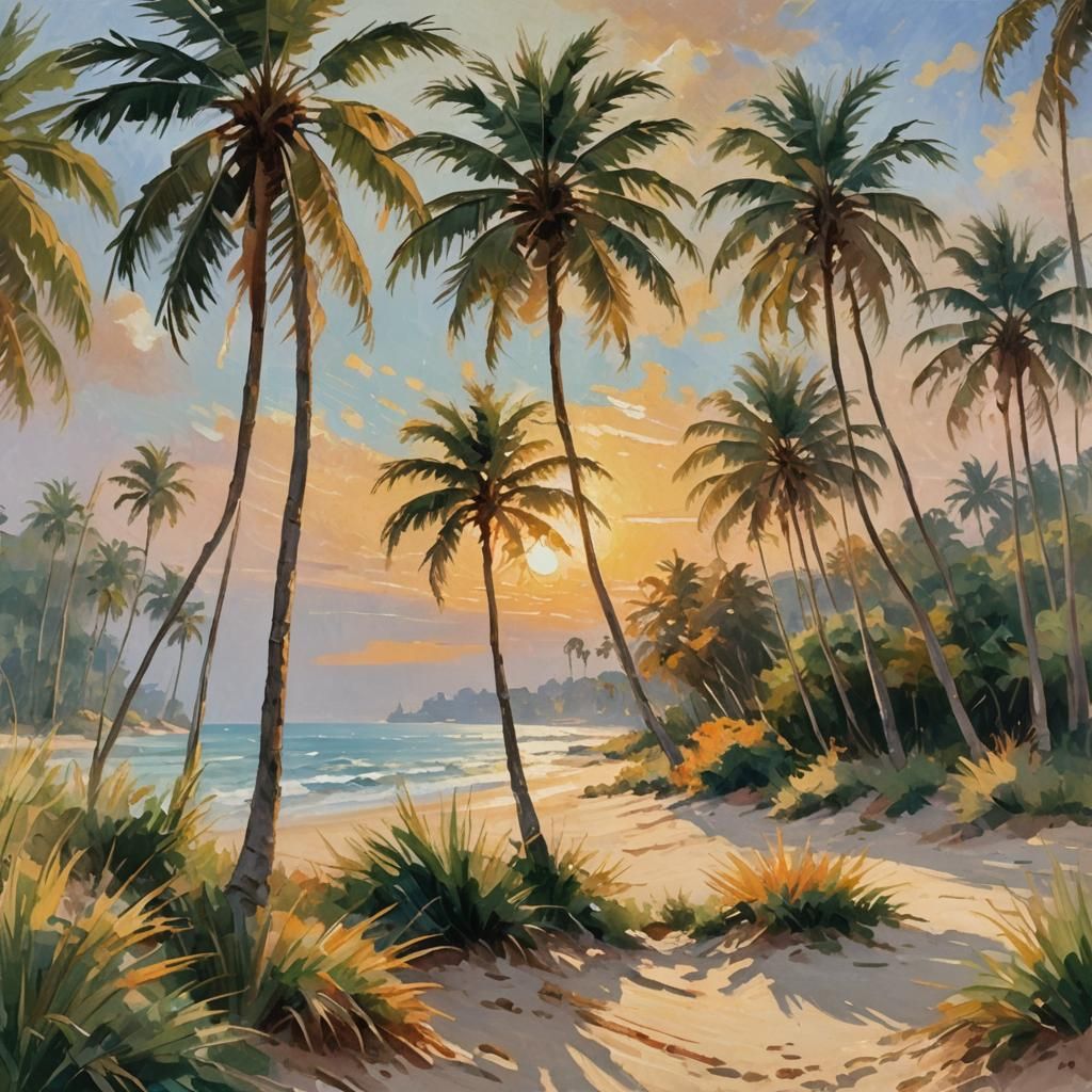 Impressionist Palm Trees on a Serene Beach