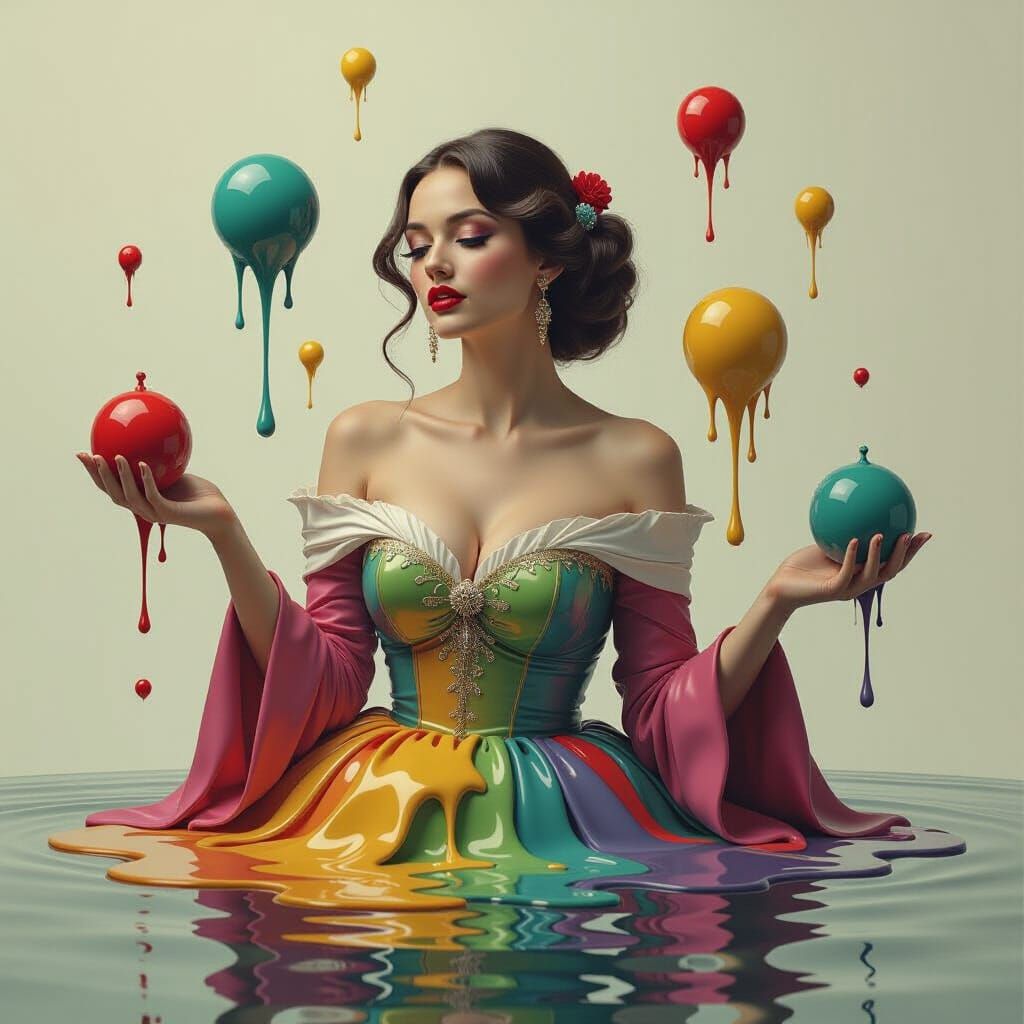 Elegant Woman in Surrealist Dreamscape, Oil on Canvas